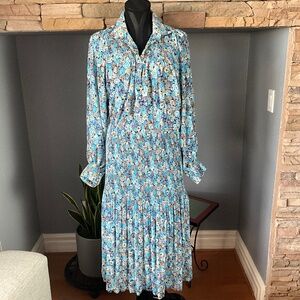 Vintage 70s Sheer Romance Cottagecore Midi Dress Floral Prairie Blue Tan L